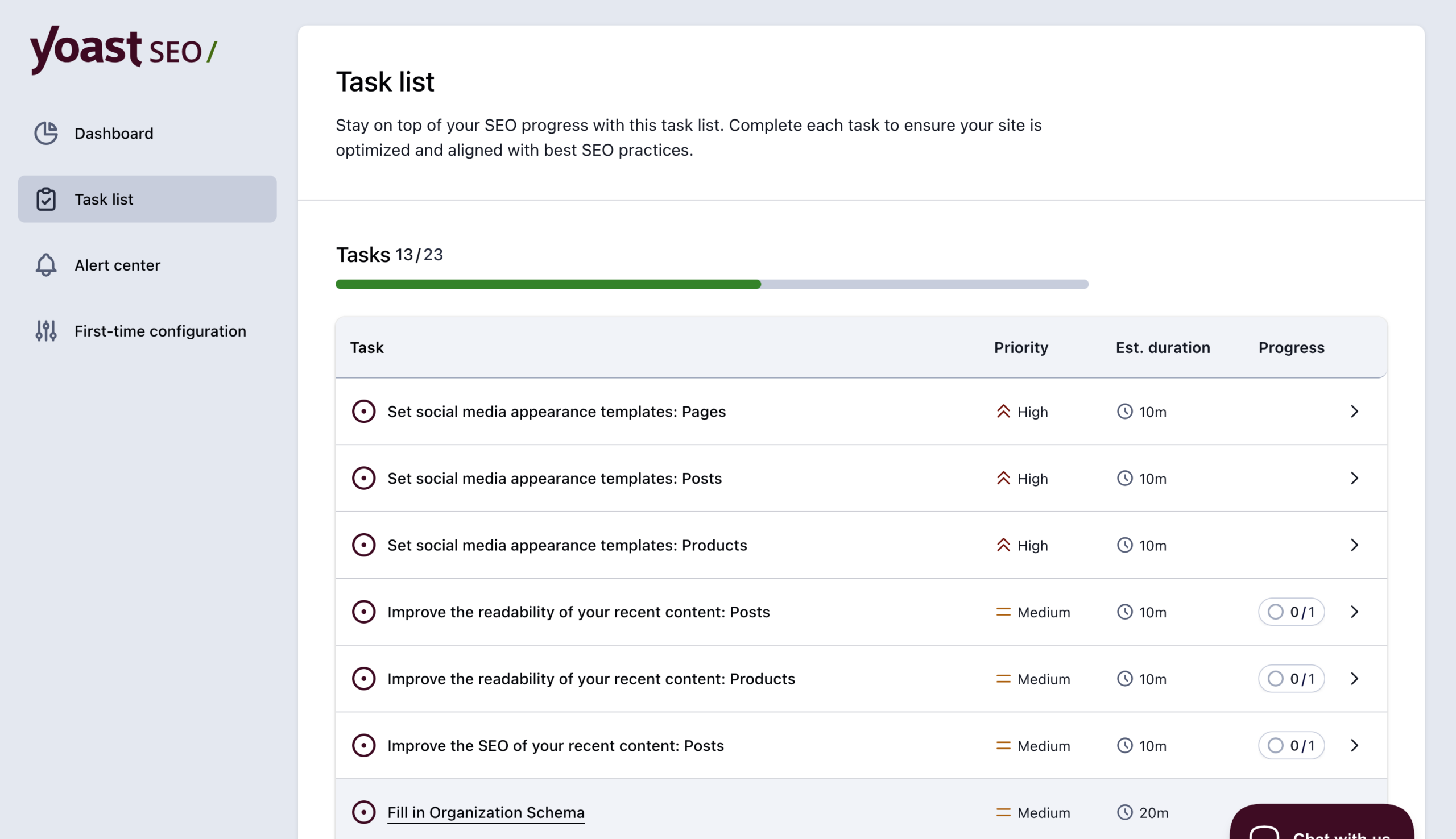 How the task list looks in the plugin dashboard