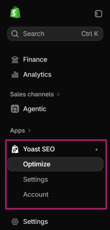 Yoast SEO in the Apps menu of the Shopify admin.